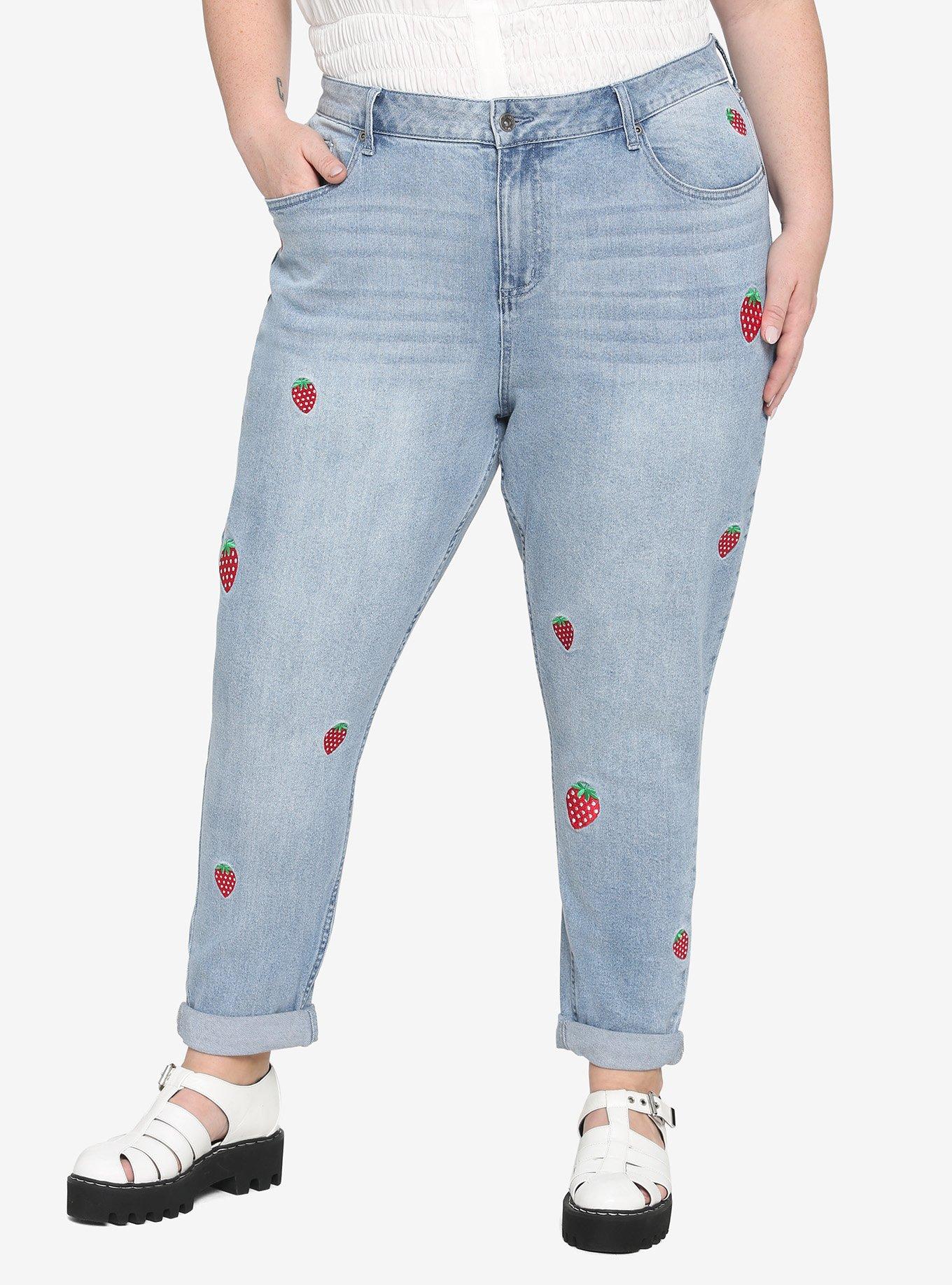 Strawberry Embroidered Mom Jeans Plus Size, INDIGO, hi-res