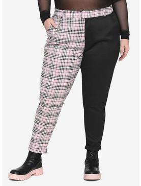 Black & Pink Plaid Split Chain Pants Plus Size, , hi-res