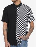 Black & White Checkered Split Woven Button-Up, BLACK  WHITE, hi-res