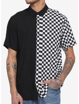 Black & White Checkered Split Woven Button-Up, , hi-res