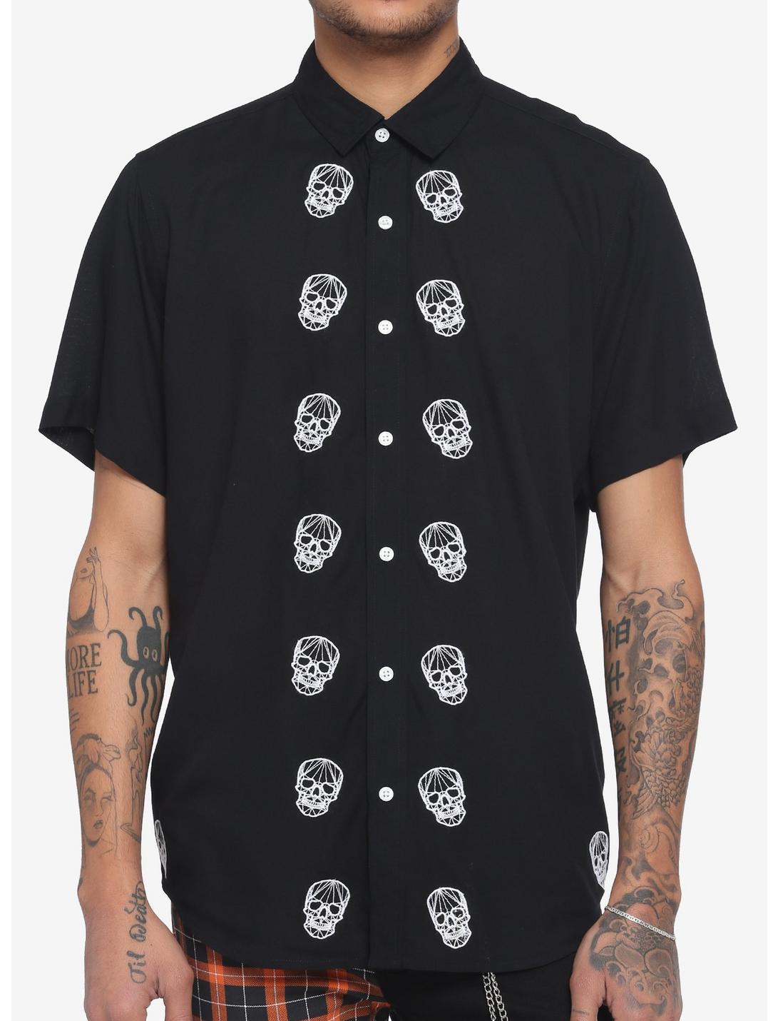 Black Embroidered Skull Woven Button-Up, BLACK  WHITE, hi-res