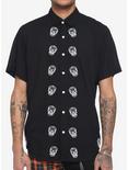 Black Embroidered Skull Woven Button-Up, BLACK  WHITE, hi-res