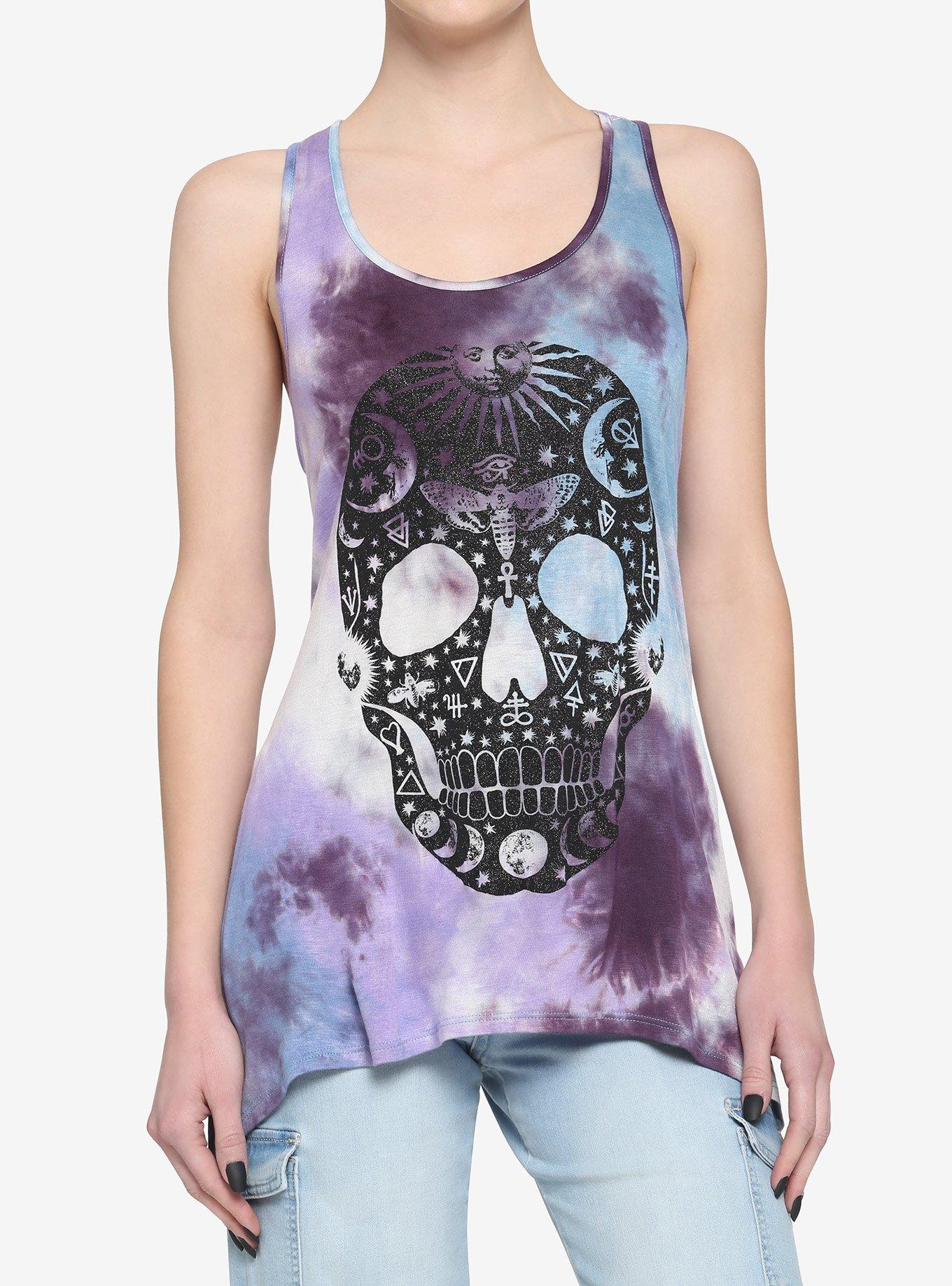 Purple & Blue Glitter Skull Tie-Dye Shark Bite Girls Tank Top, TIE DYE, hi-res