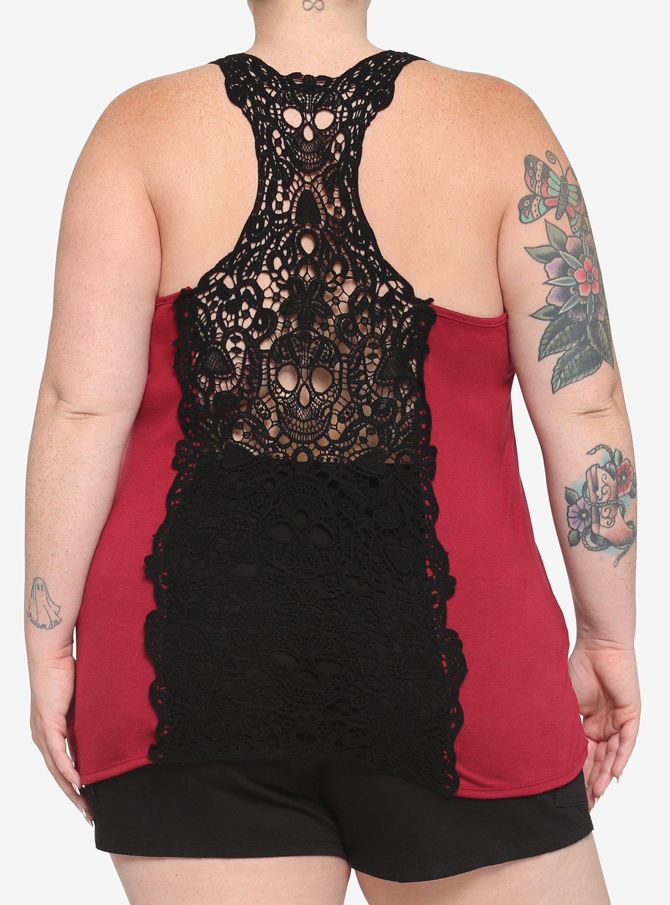 Burgundy Skull Crochet Back Girls Tank Top Plus Size, BURGUNDY, hi-res