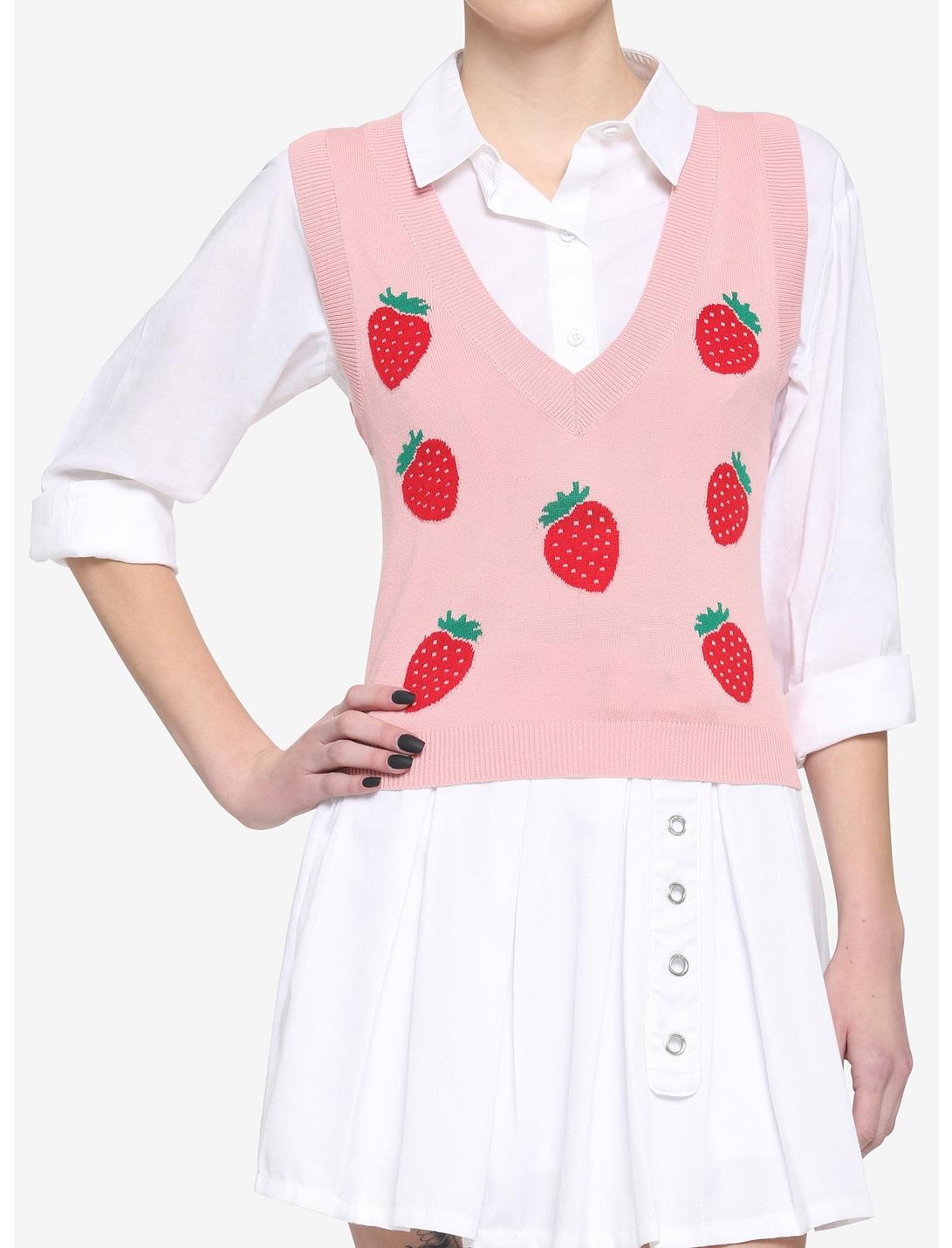 Pink Strawberry Girls Crop Sweater Vest, MULTI, hi-res