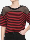 Black & Red Stripe Mesh Girls Boxy Crop T-Shirt, STRIPES, hi-res