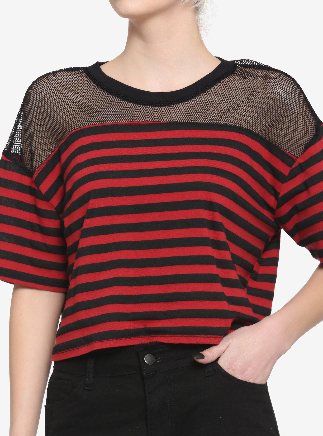 Black & Red Stripe Mesh Girls Boxy Crop T-Shirt, STRIPES, hi-res