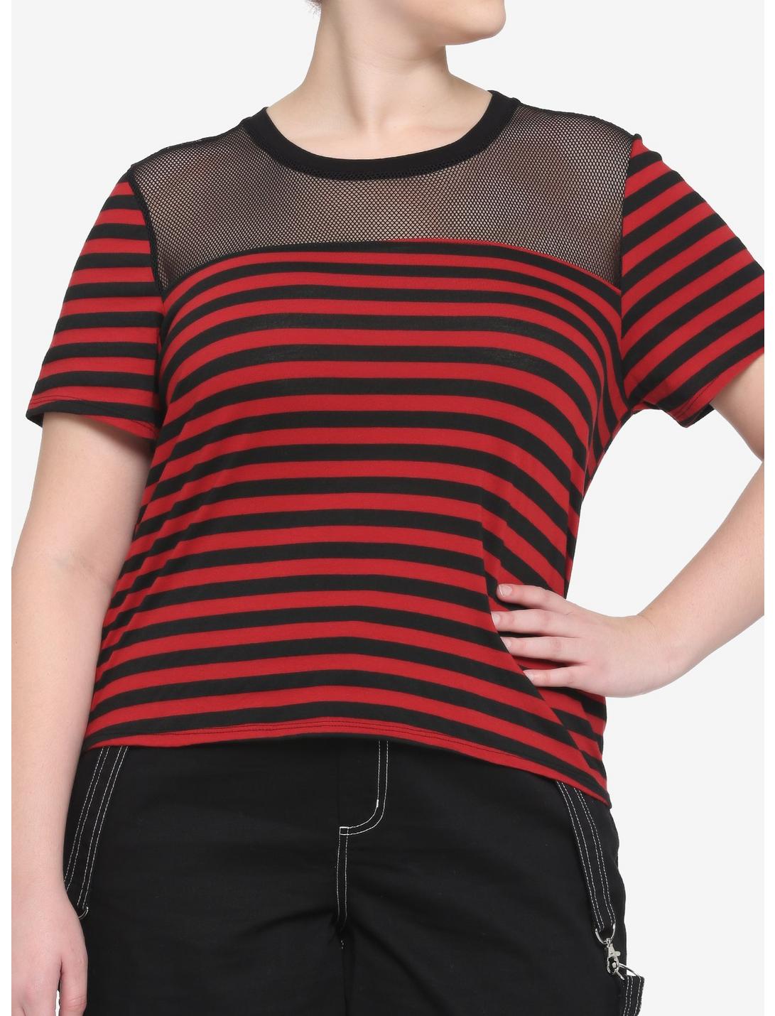 Black & Red Stripe Mesh Boxy Girls Crop T-Shirt Plus Size, STRIPES, hi-res