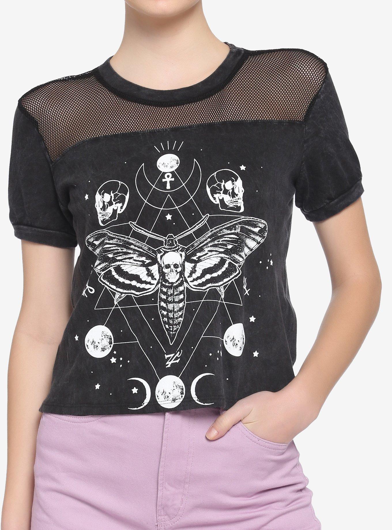Deaths-Head Moth Mineral Wash Mesh Girls Crop T-Shirt, BLACK, hi-res