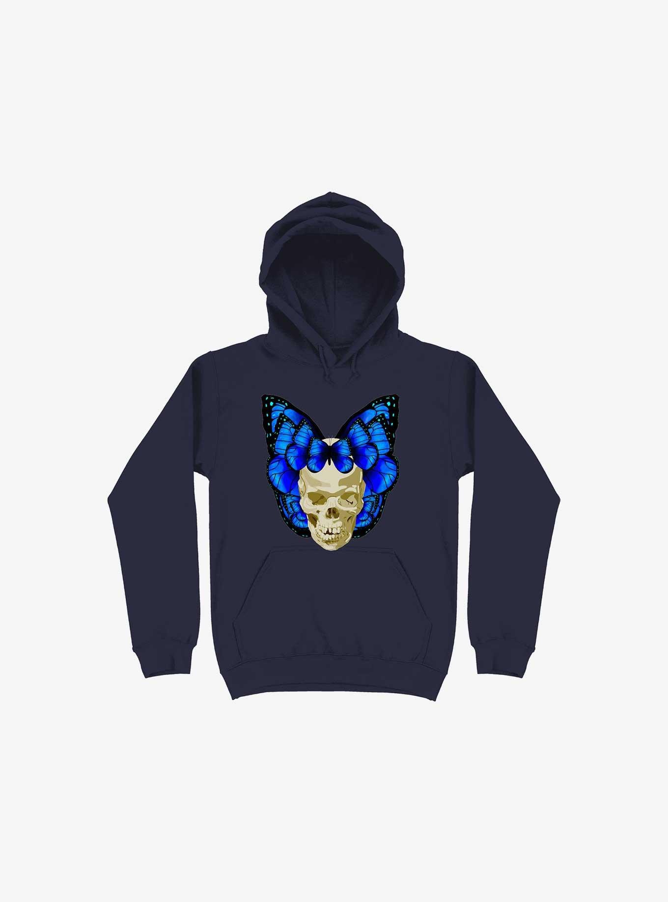 Wings Of Death Butterfly Skull Navy Blue Hoodie, , hi-res