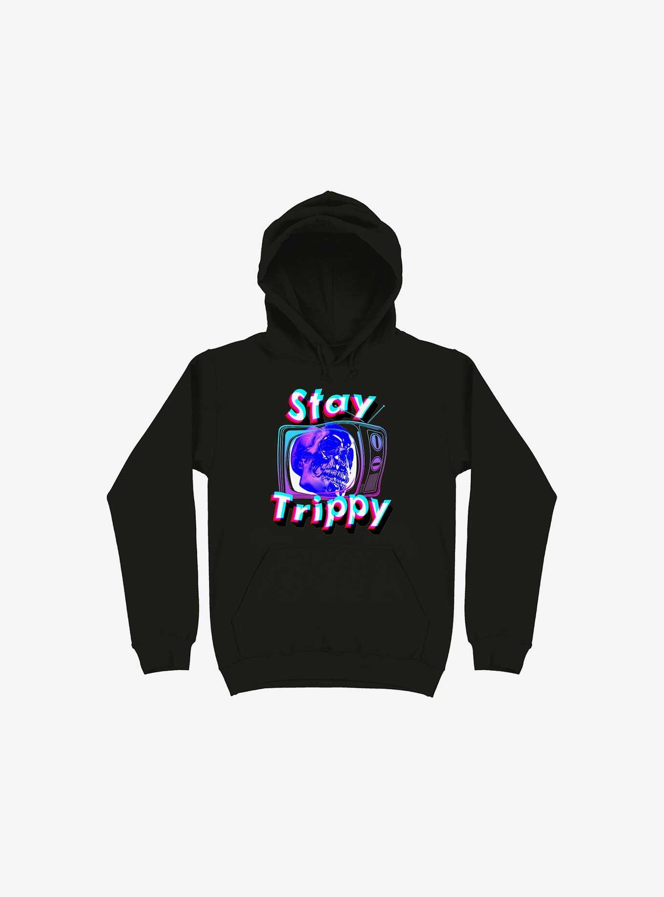 Stay Trippy Cute Retro Aesthetic Universal Vibe Skull Black Hoodie, BLACK, hi-res