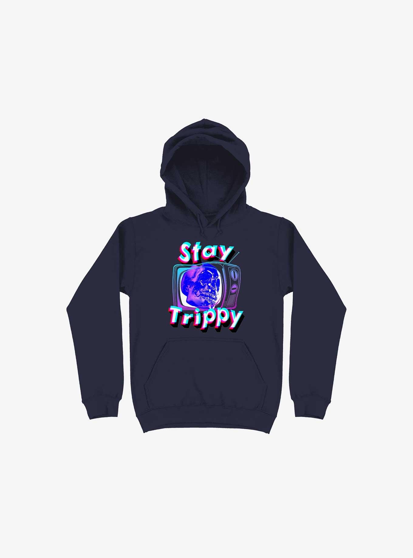 Stay Trippy Cute Retro Aesthetic Universal Vibe Skull Navy Blue Hoodie, , hi-res