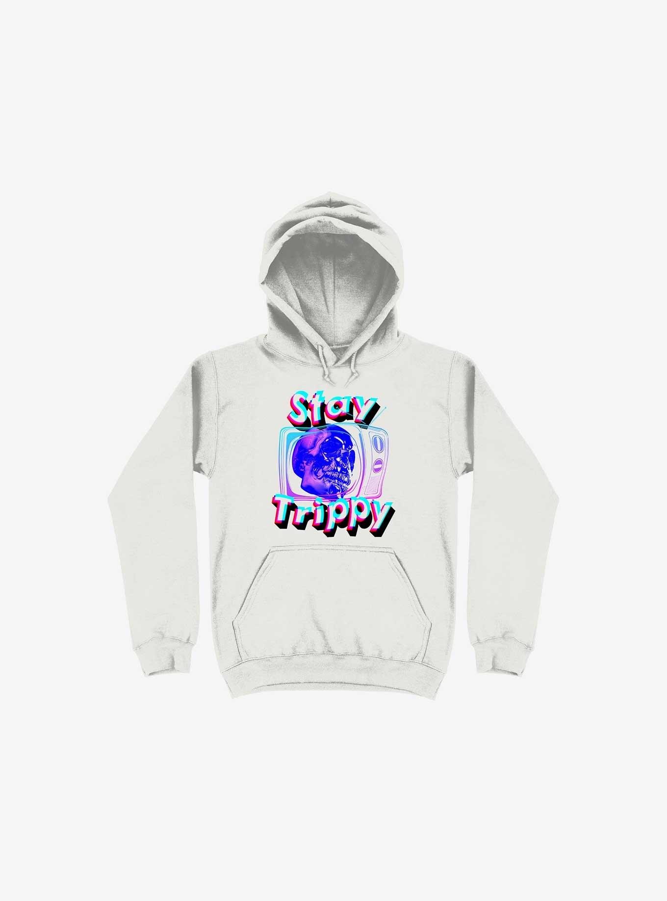 Stay Trippy Cute Retro Aesthetic Universal Vibe Skull White Hoodie, WHITE, hi-res