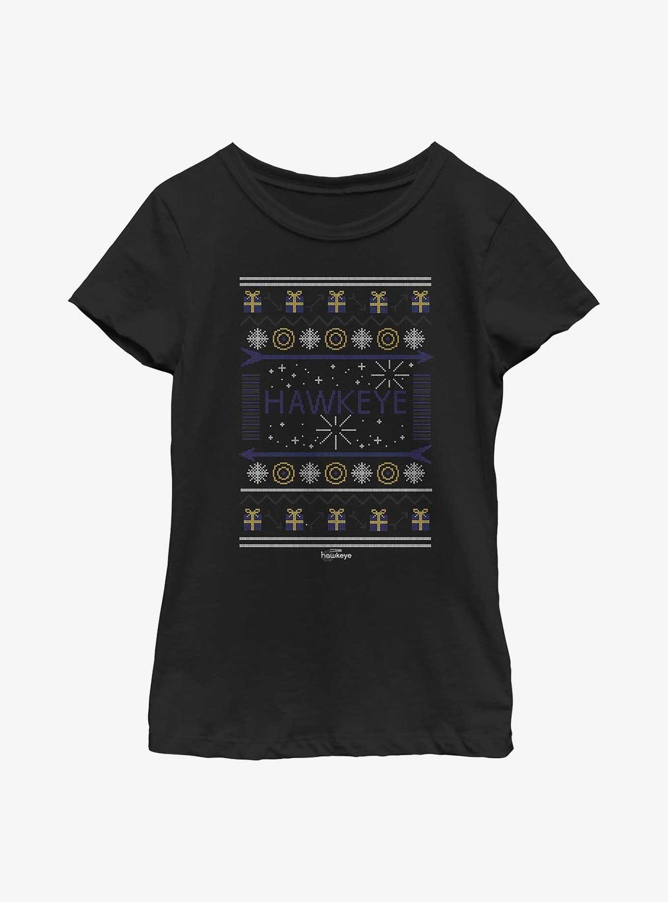 Marvel Hawkeye Christmas Sweater Pattern Youth Girls T-Shirt, BLACK, hi-res view 1