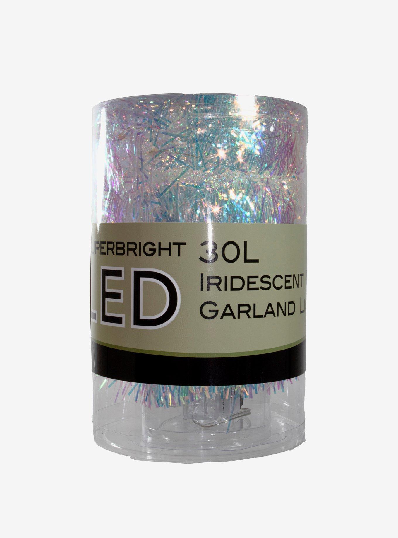 Light Silver And Iridescent Tinsel Garland With Warm White Led Lights, , hi-res