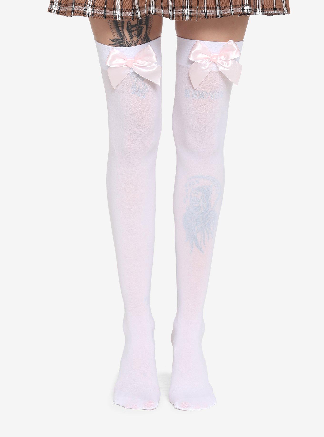 White Opaque Satin Bow Thigh Highs | Hot Topic