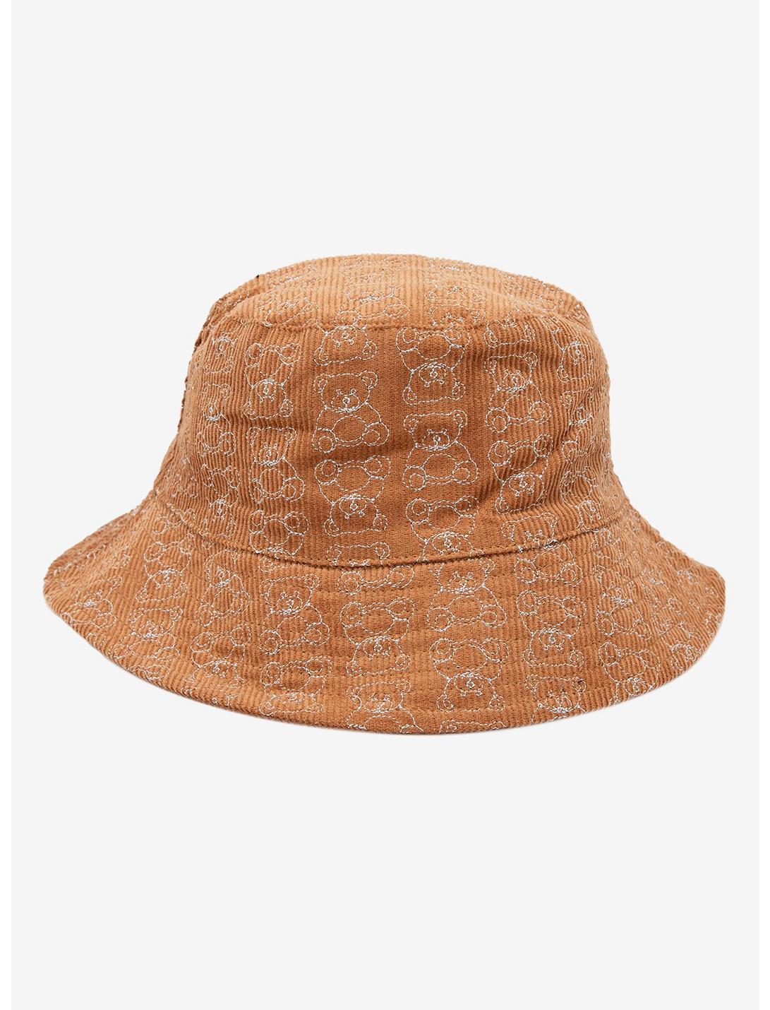 Brown Teddy Bear Embroidered Corduroy Bucket Hat, , hi-res