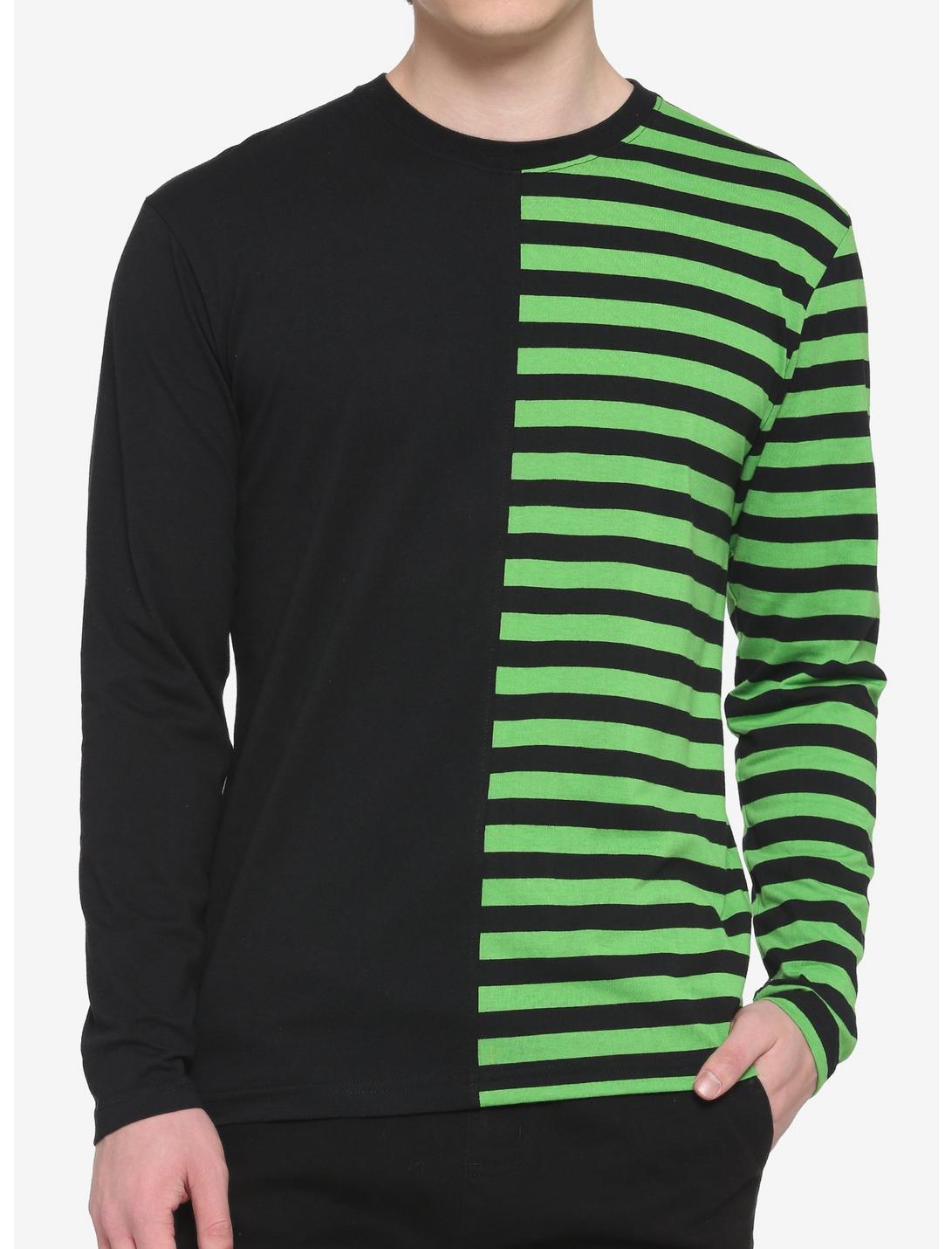 Black & Green Stripe Split Long-Sleeve T-Shirt, BLACK  GREEN, hi-res
