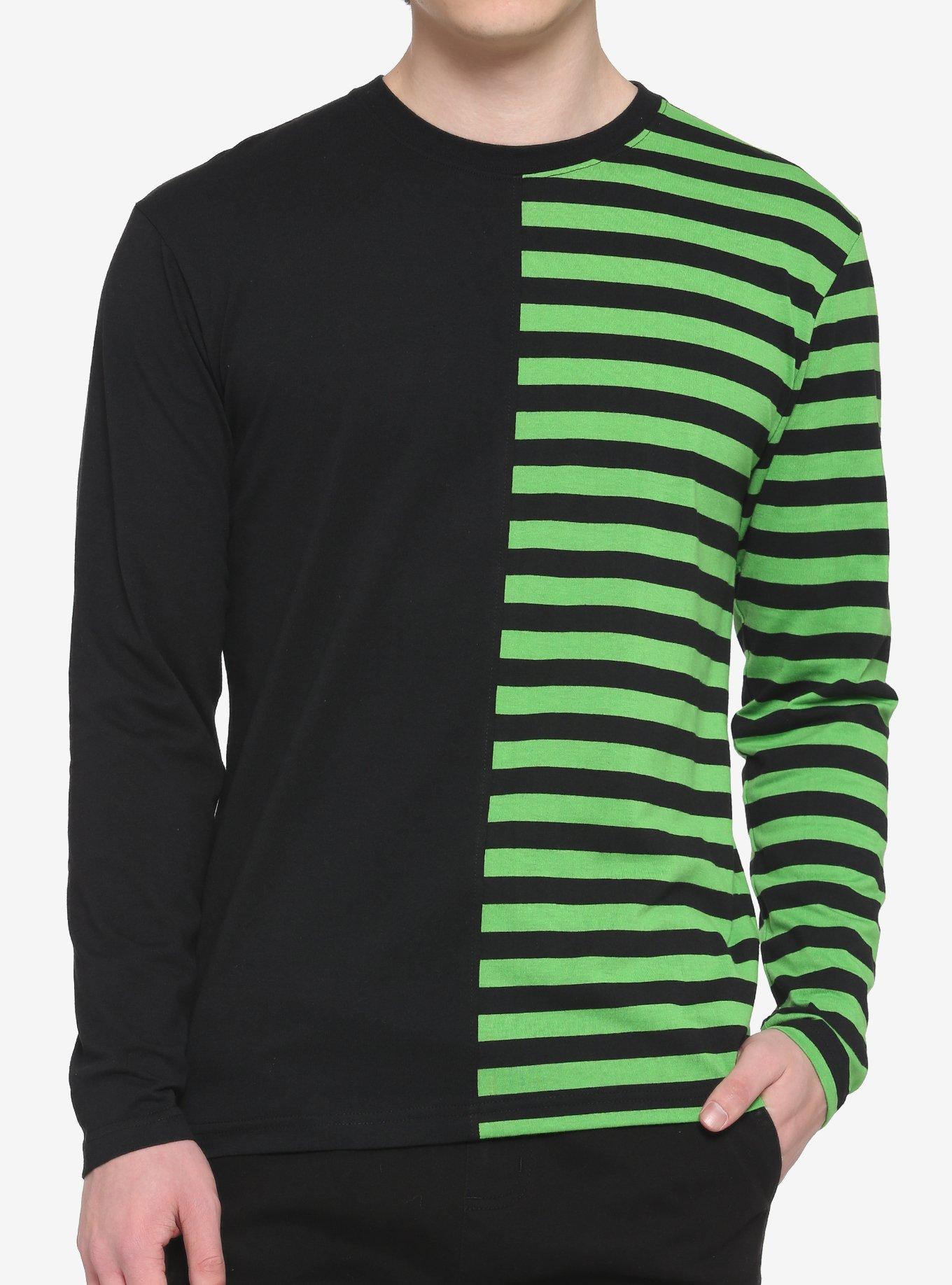 Black Green Stripe Split Long-Sleeve T-Shirt Hot Topic