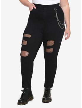 Black Fishnet Destructed Chain Skinny Jeans Plus Size, , hi-res
