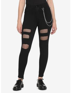 Black Fishnet Destructed Chain Skinny Jeans, , hi-res