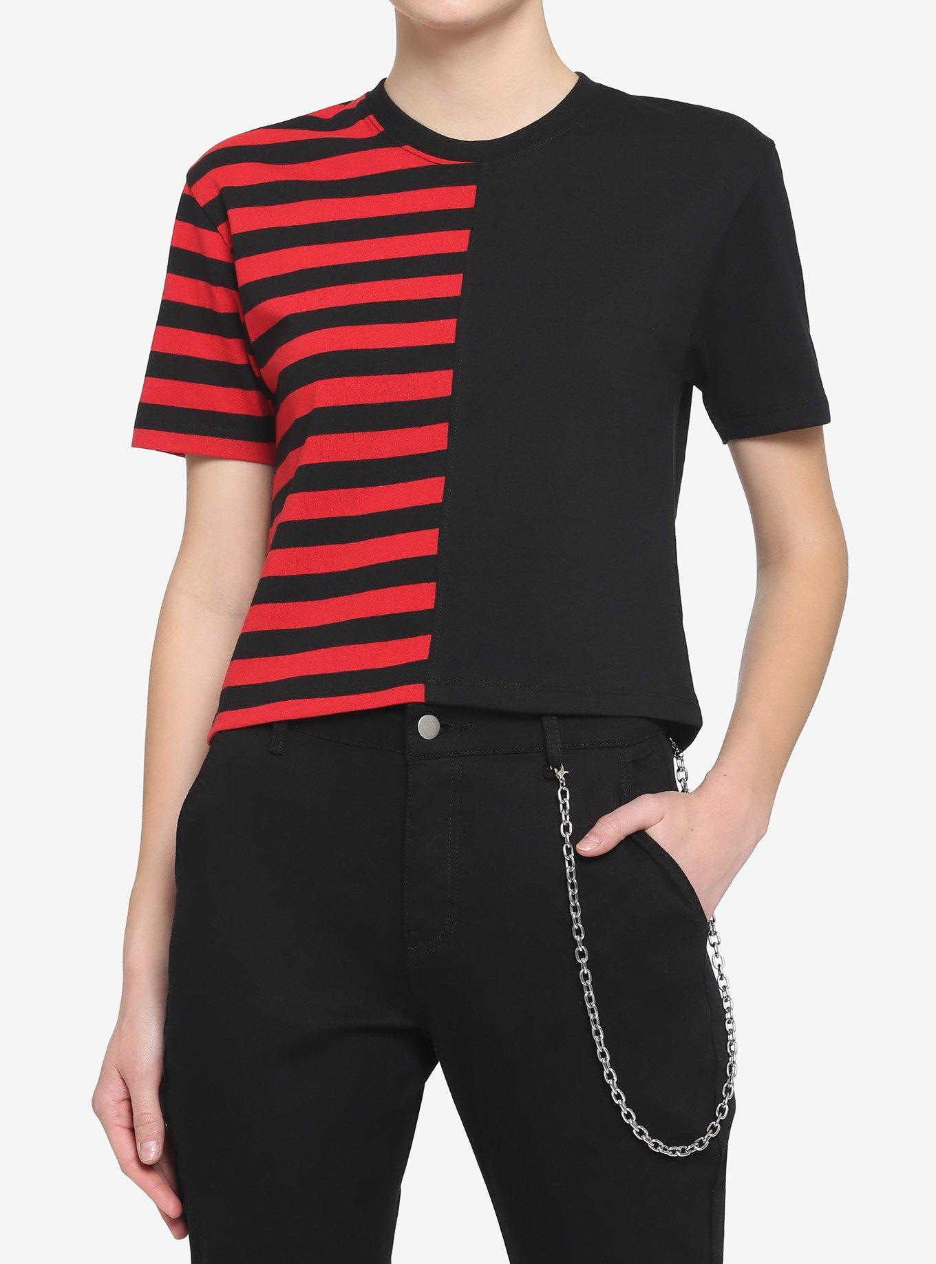 Red & Black Stripe Split Boxy Girls Crop T-Shirt, STRIPES - RED, hi-res
