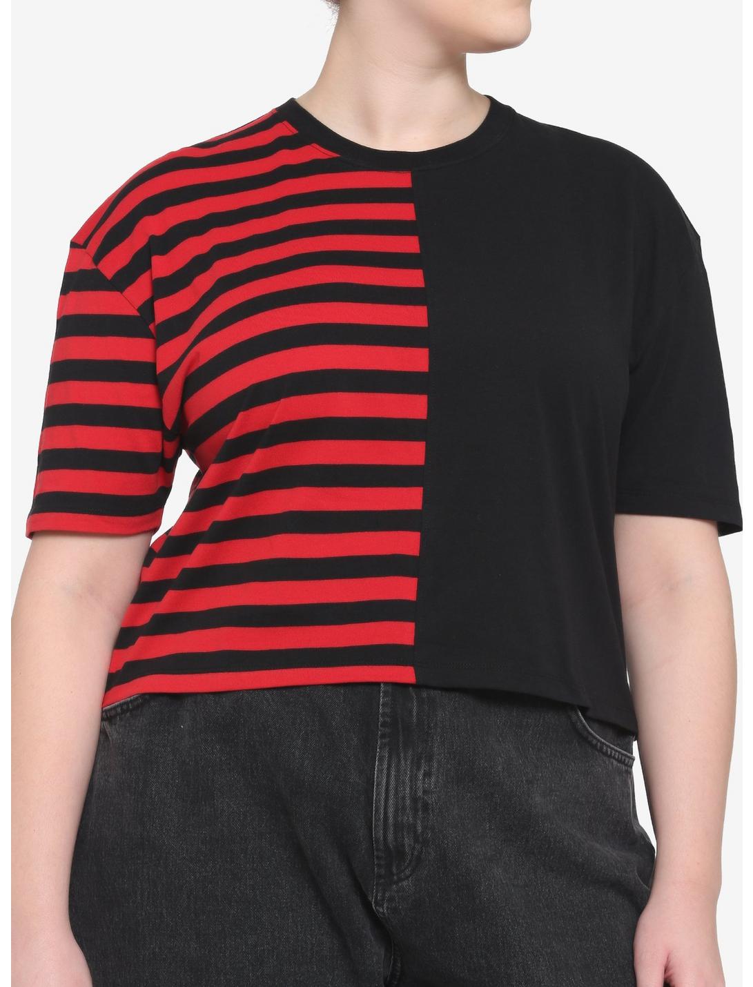 Red & Black Stripe Split Boxy Girls Crop T-Shirt Plus Size, STRIPES - RED, hi-res