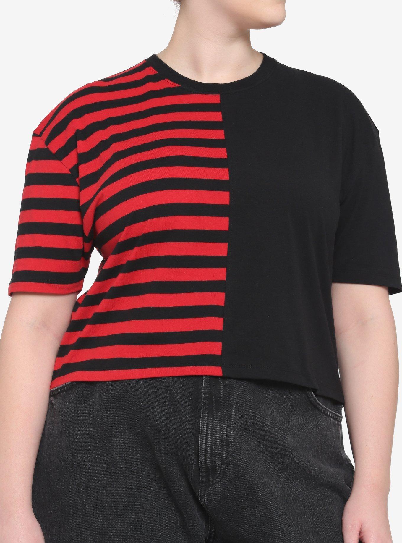 Red & Black Stripe Split Boxy Girls Crop T-Shirt Plus Size, STRIPES - RED, hi-res