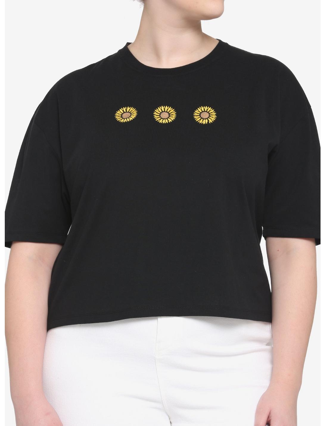 Embroidered Sunflower Boxy Girls Crop T-Shirt Plus Size, BLACK, hi-res