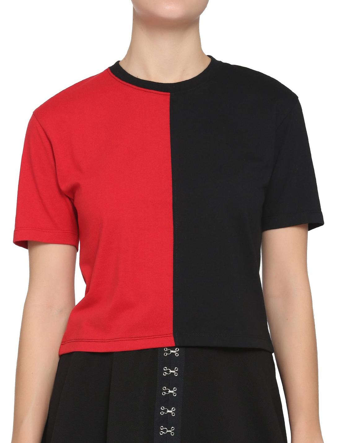 Red & Black Split Boxy Girls Crop T-Shirt, RED, hi-res