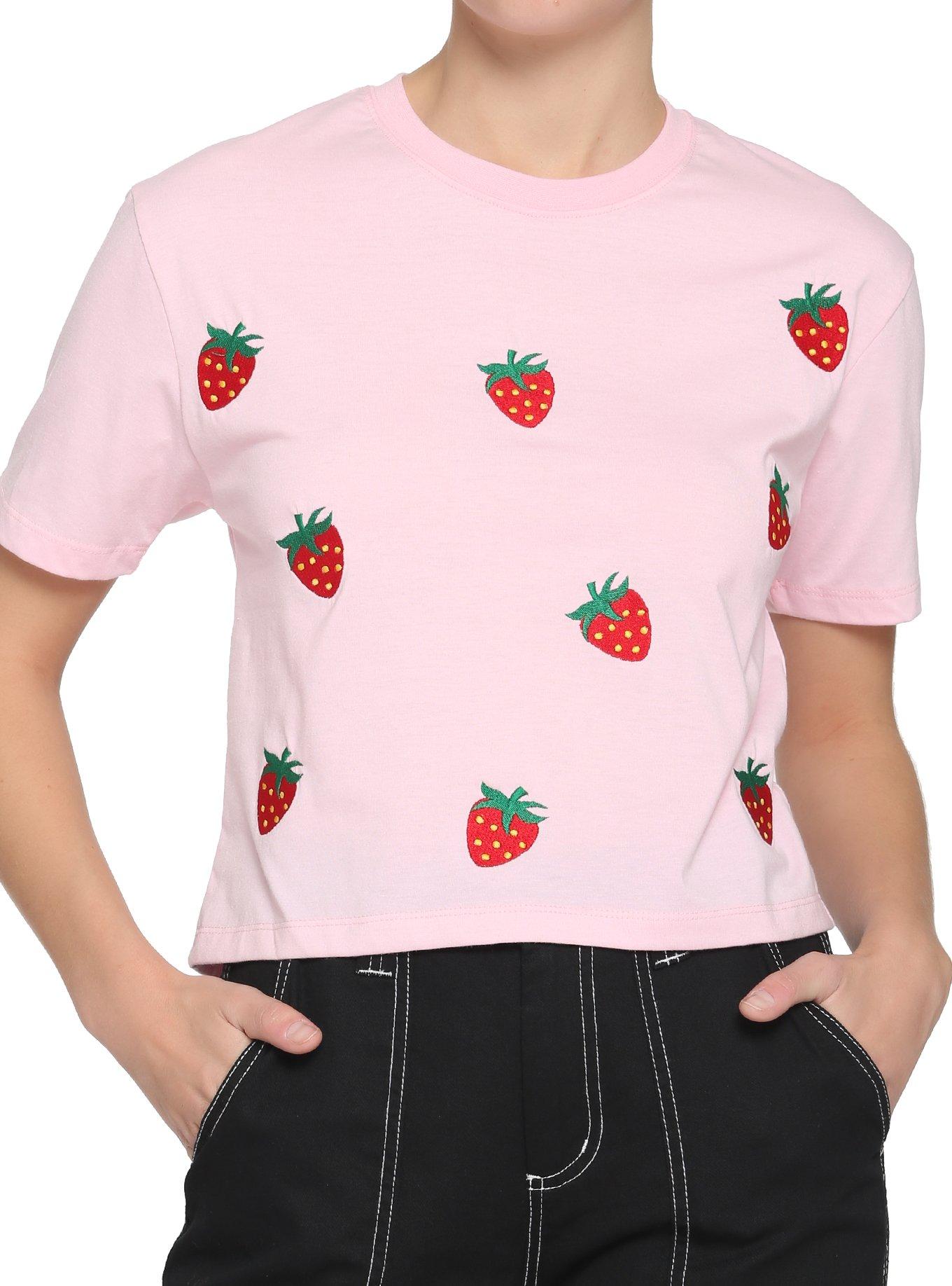Embroidered Strawberry Boxy Girls Crop T-Shirt, PINK, hi-res