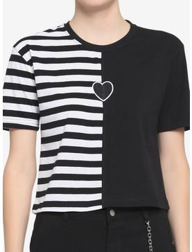 Black & White Stripe Split Girls Boxy Crop T-Shirt, , hi-res