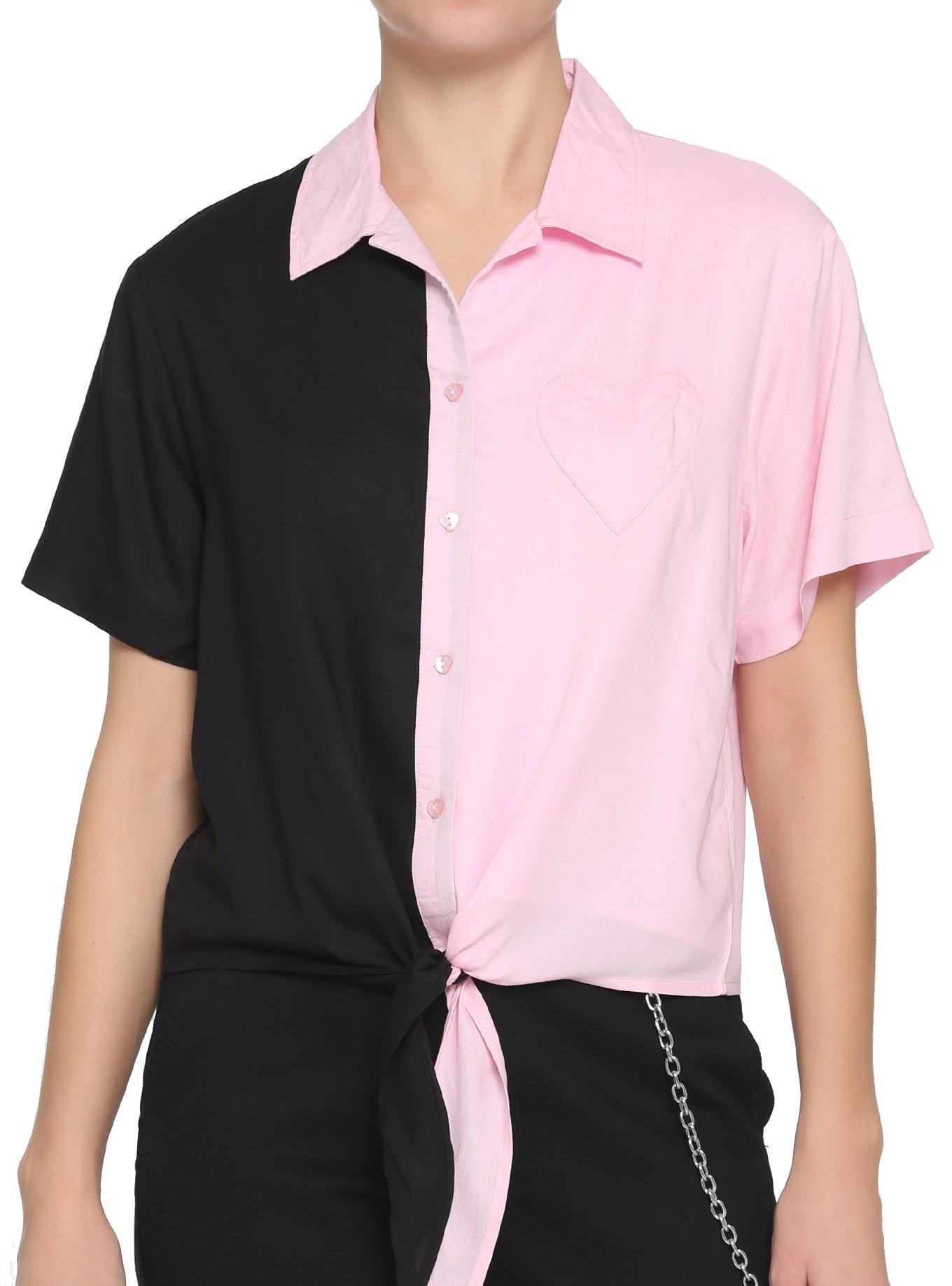 Black & Pink Split Heart Tie-Front Girls Woven Button-Up, BLACK, hi-res