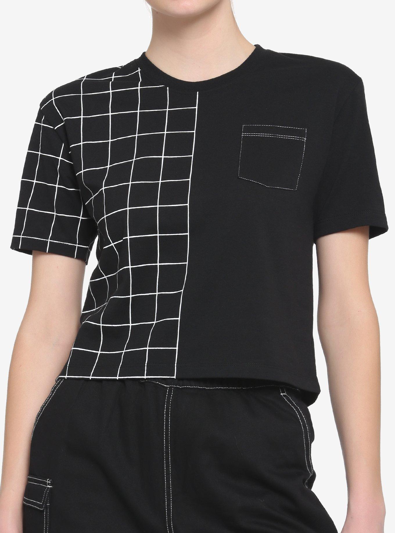 Black & White Grid Split Girls Boxy Crop T-Shirt