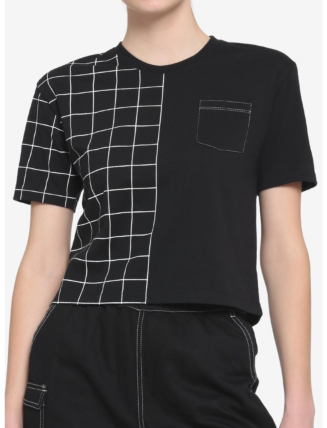 Black & White Grid Split Girls Boxy Crop T-Shirt, BLACK, hi-res