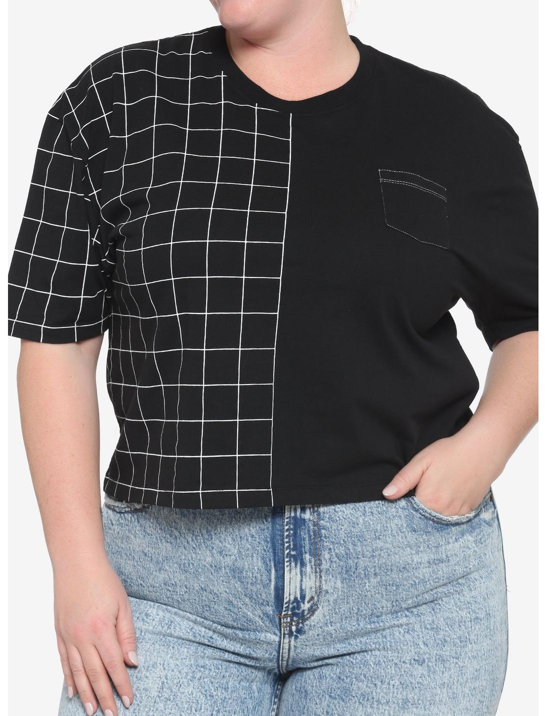 Black & White Grid Split Girls Boxy Crop T-Shirt Plus Size, BLACK, hi-res