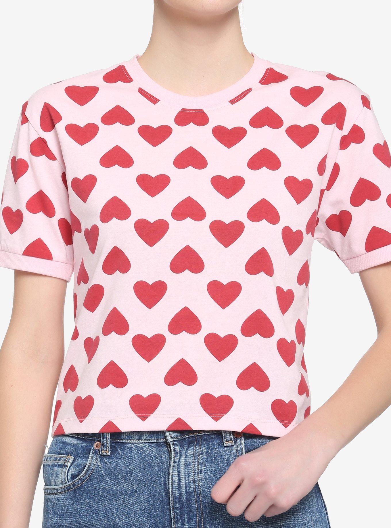 Red & Pink Heart Girls Boxy Crop T-Shirt, PINK, hi-res