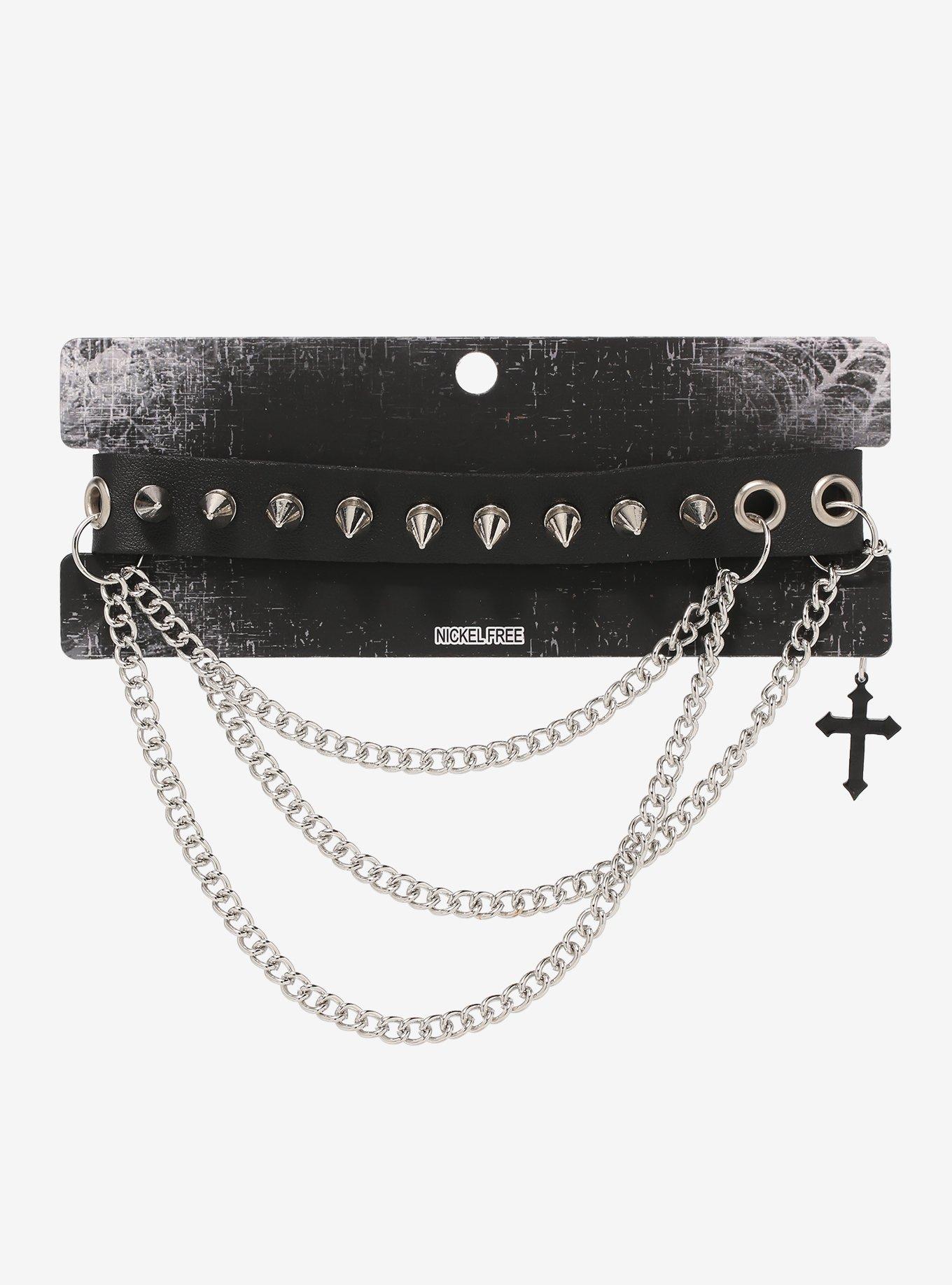 Multi Chain Cross Charm Spiked Choker, , hi-res