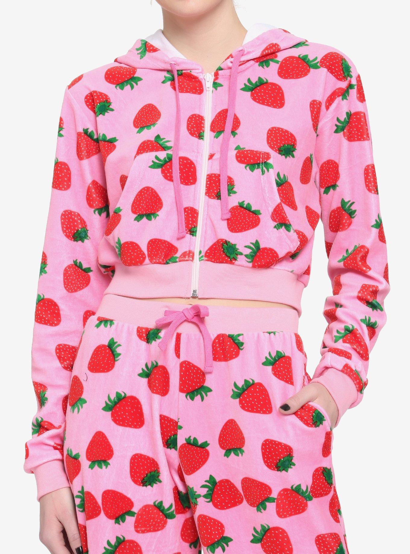 Pink Velour Strawberry Girls Crop Hoodie, PINK, hi-res