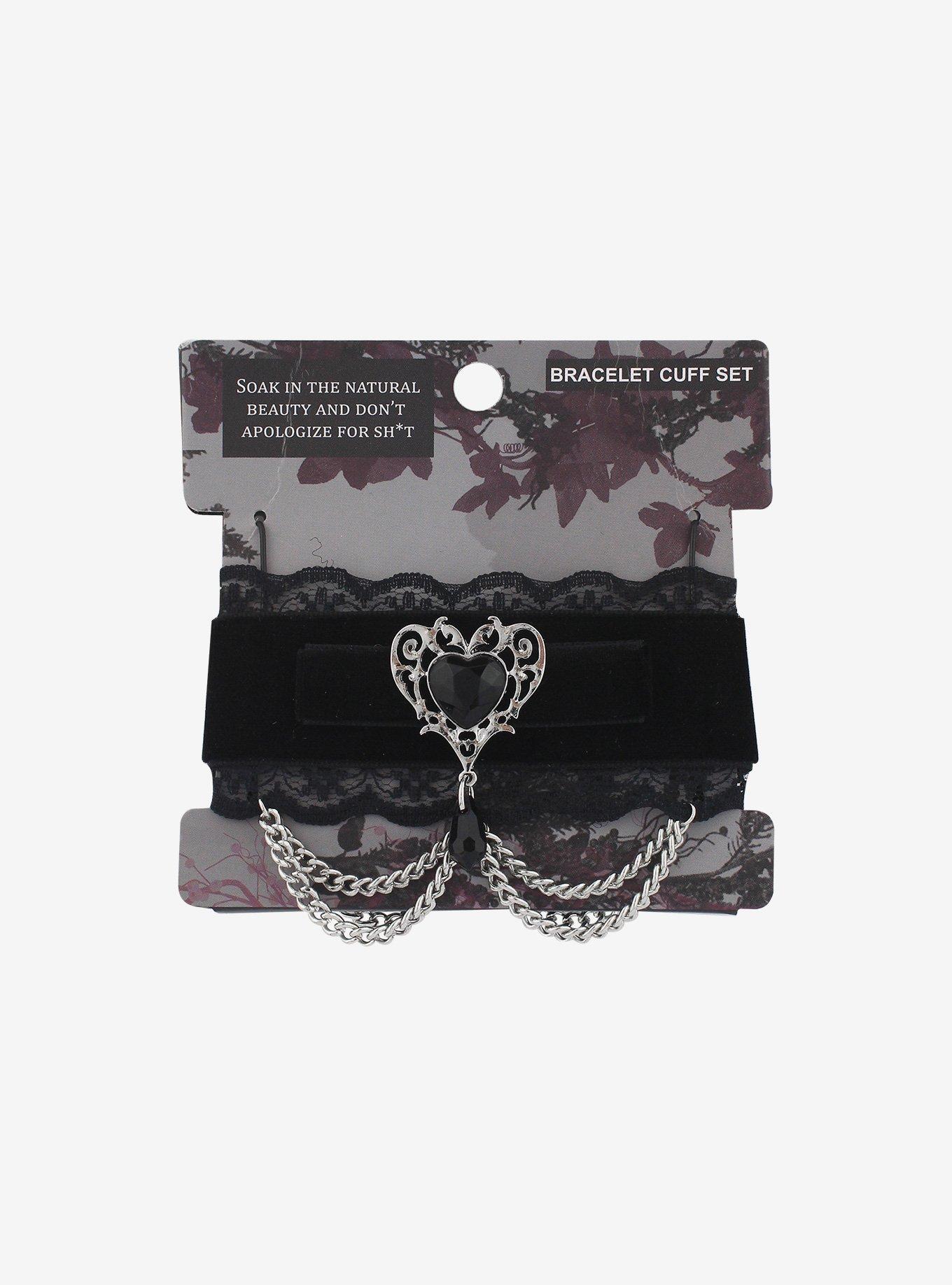 Black Lace & Heart Cuff Bracelet Set, , hi-res