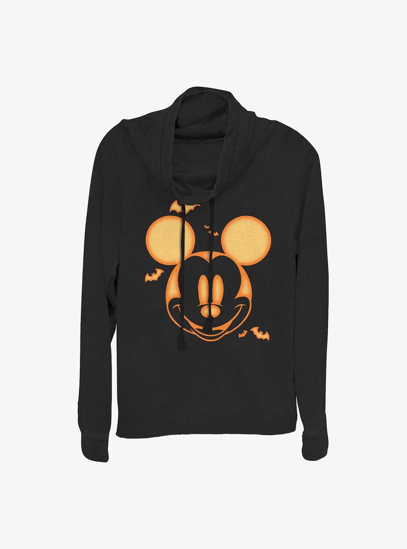 Disney Mickey Mouse Pumpkin Womens Cowlneck Long-Sleeve Top, BLACK, hi-res