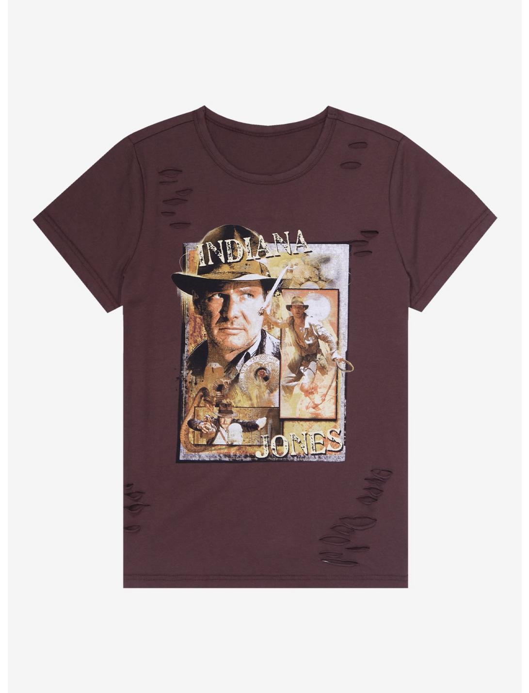 Indiana Jones Portrait Distressed Women's T-Shirt - BoxLunch Exclusive, BROWN, hi-res
