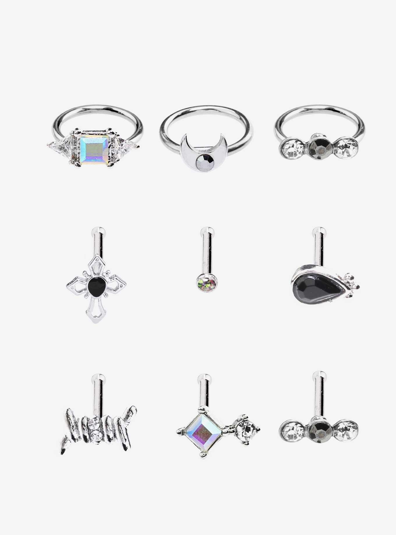 Steel Silver Moon & Cross Dark Gem Nose Stud & Hoop 9 Pack, SILVER, hi-res