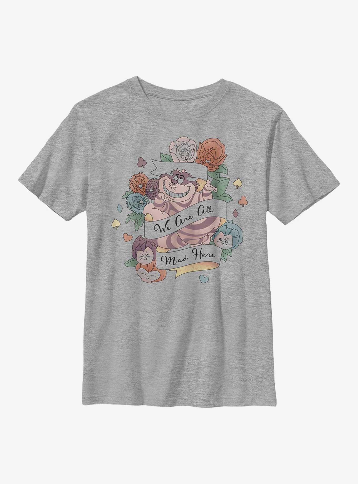 Disney Alice In Wonderland Cheshire Cat Mad Banner Youth T-Shirt, ATH HTR, hi-res