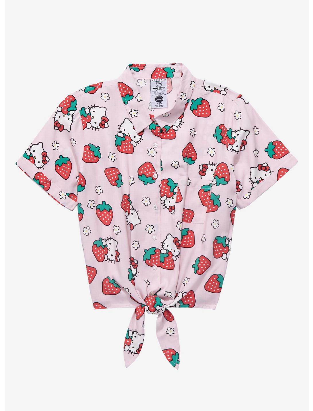 Sanrio Hello Kitty Strawberries Women's Tie-Front Woven Top - BoxLunch Exclusive, LIGHT PINK, hi-res