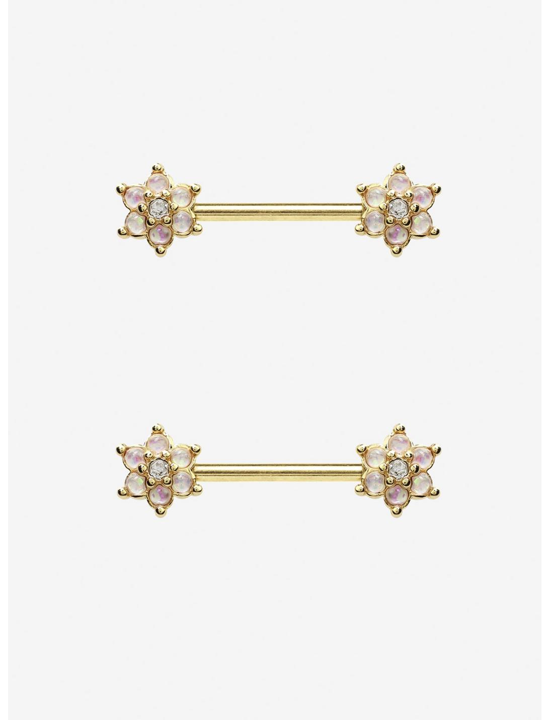 14G Steel Gold Opal Flower Nipple Barbell 2 Pack, , hi-res