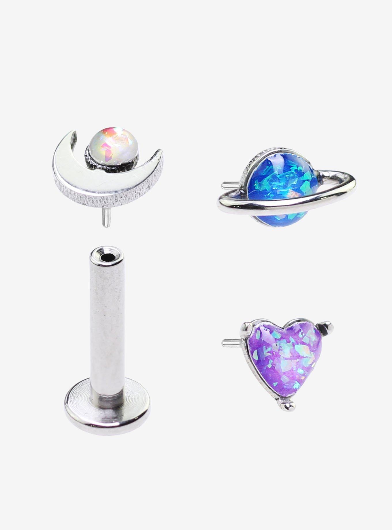 Steel Opal Moon & Heart Labret Stud 3 Pack, SILVER, hi-res