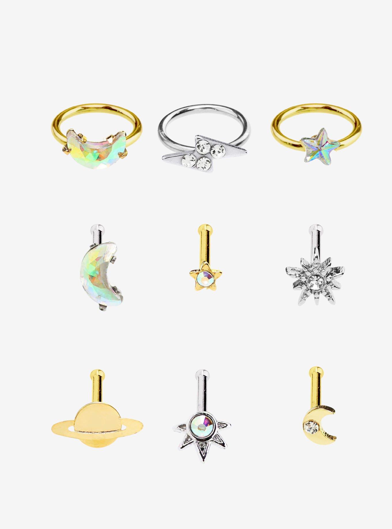 Steel Celestial Nose Stud & Hoop 9 Pack, SILVER, hi-res