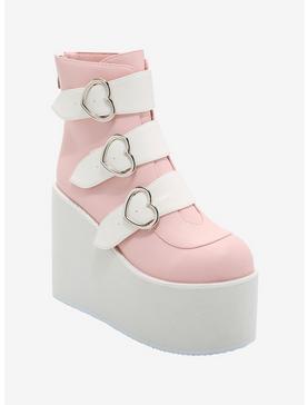 Pink & White Heart Buckle Platform Boots, , hi-res