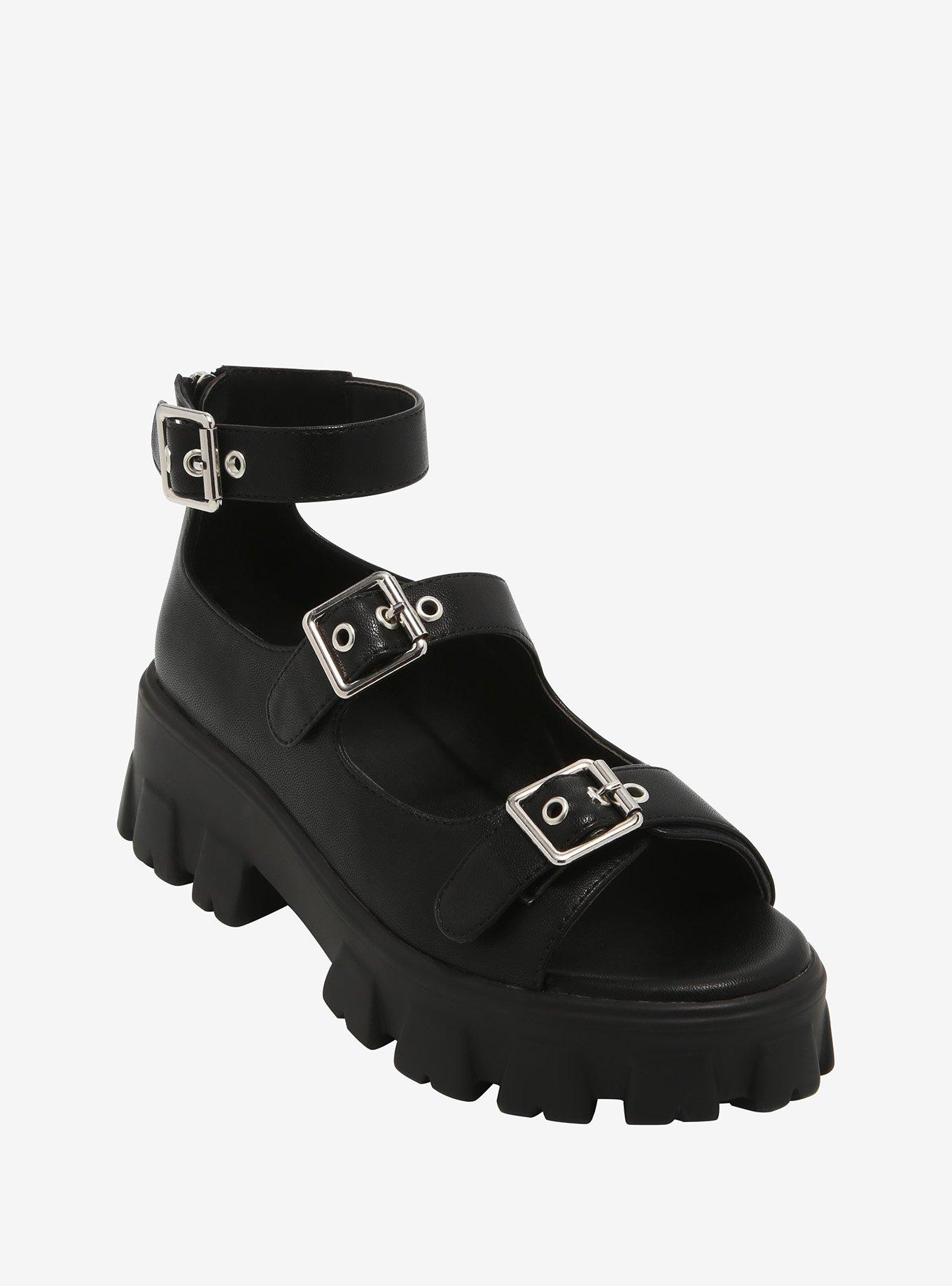 Black Triple Buckle Chunky Platform Sandals, MULTI, hi-res